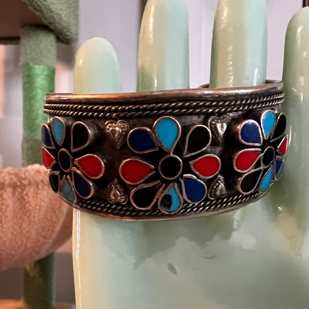 Berber tribal bracelet with raised enamel flowers silver cuff.